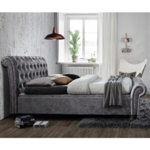 Castello Side Ottoman King Size Bed In Steel Crushed Velvet