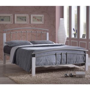 Tetron Metal Double Bed In Silver With White Wooden Posts