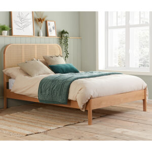 Margot Wooden Double Bed In Oak With Rattan Headboard