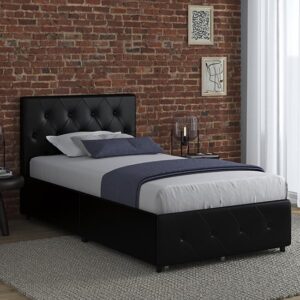 Dakotas Faux Leather Single Bed With 4 Drawers In Black