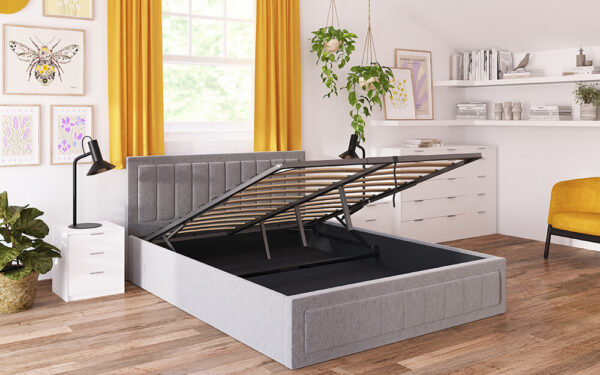 Novo Lottie Fabric Ottoman Bed Frame, Double, Off White Woven