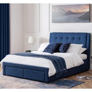 Fauna Fabric Super King Size Bed With 4 Drawers In Blue